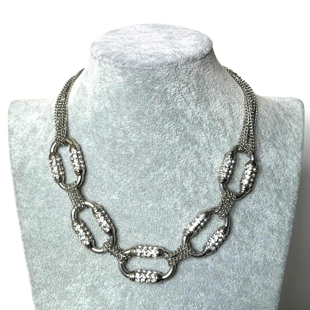 Silver Plated Oval Crystal Statement Necklace Pavé Simulated White Stone Charm